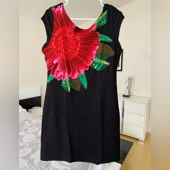 Desigual Dresses & Skirts - Desigual Black Mini Dress with Bold Red and Green Floral Design